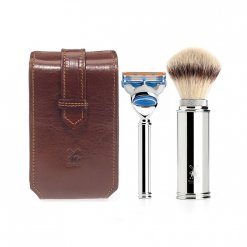 Kit rasage barbe Mhle avec pochette en cuir marron